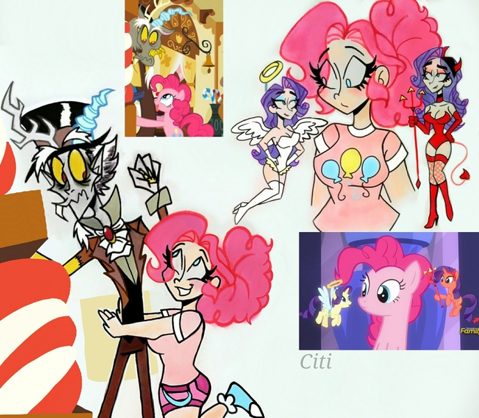 Size: 2453x2139 | Tagged: safe, artist:citi, derpibooru import, screencap, discord, pinkie pie, rarity, human, make new friends but keep discord, the saddle row review, angel rarity, breasts, cleavage, devil rarity, humanized, pitchfork, scene interpretation, screencap reference, shoulder angel, shoulder devil