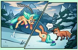 Size: 4096x2643 | Tagged: safe, artist:simondrawsstuff, derpibooru import, oc, oc:summer ray, unofficial characters only, fox, pegasus, pony, ..., 2 panel comic, butt, comic, forest, jumping, mountain, plot, pounce, smiling, snow, stuck, tree