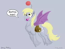 Size: 1600x1200 | Tagged: safe, artist:rockhoppr3, derpibooru import, derpy hooves, hybrid, moogle, pony, bag, bat wings, final fantasy, saddle bag, solo, speech bubble, unshorn fetlocks, wings