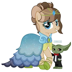 Size: 1200x1199 | Tagged: safe, artist:jennieoo, derpibooru import, oc, oc:evie, earth pony, pony, baby yoda, clothes, dress, eyeshadow, gala dress, grogu, makeup, solo, star wars, suit, the mandalorian, tuxedo, yoda