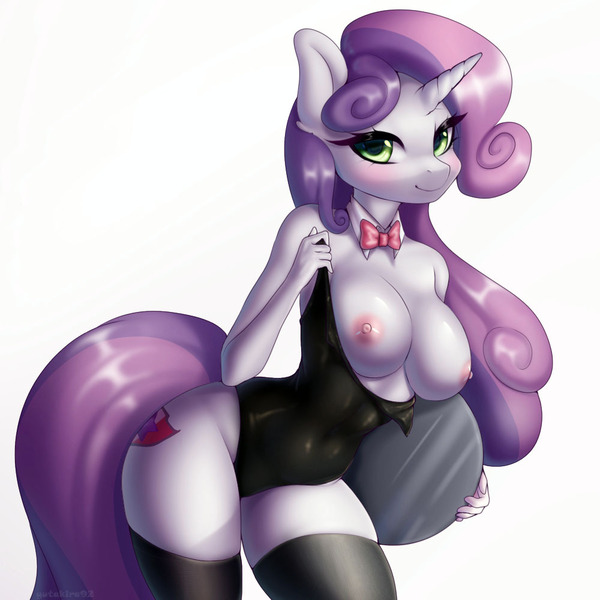 Size: 1000x1000 | Tagged: questionable, artist:yutakira92, derpibooru import, sweetie belle, anthro, unicorn, bedroom eyes, big breasts, bowtie, breasts, busty sweetie belle, clothes, cutie mark, exposed breasts, female, image, jpeg, latex, leotard, nipples, nudity, older, older sweetie belle, sexy, simple background, socks, solo, stockings, teasing, the cmc's cutie marks, thigh highs, waitress