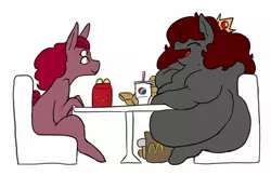 Size: 2000x1300 | Tagged: suggestive, artist:queenfrau, derpibooru import, oc, oc:four eyes, oc:queen frau, unofficial characters only, earth pony, pony, crown, cup, drink, drinking straw, duo, eyes closed, fat, fat fetish, female, fetish, futa, happy meal, intersex, jewelry, mcdonald's, morbidly obese, obese, open mouth, pepsi, regalia, sitting, smiling, soda