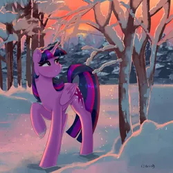 Size: 4000x4000 | Tagged: safe, artist:xjenn9, derpibooru import, twilight sparkle, twilight sparkle (alicorn), alicorn, pony, absurd resolution, female, mare, raised hoof, redraw, scenery, snow, solo, tree, winter