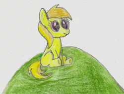 Size: 1000x765 | Tagged: safe, artist:raptor1701, derpibooru import, noi, earth pony, pony, atg 2013, colored pencil drawing, cute, female, filly, hill, noiabetes, simple background, sitting, smiling, traditional art, white background