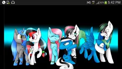 Size: 960x540 | Tagged: safe, artist:emalajiss36, derpibooru import, oc, oc:emala jiss, oc:miss smile, unofficial characters only, alicorn, earth pony, pegasus, alicorn oc, choker, earth pony oc, eyes closed, group, heterochromia, horn, hug, open mouth, pegasus oc, raised hoof, smiling, snuggling, wings