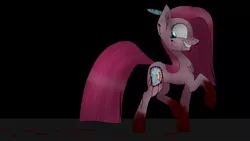 Size: 1920x1080 | Tagged: semi-grimdark, artist:emalajiss36, derpibooru import, pinkie pie, earth pony, pony, fanfic:cupcakes, blood, female, grin, looking back, mare, pinkamena diane pie, smiling, solo