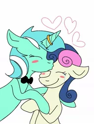Size: 815x1070 | Tagged: safe, alternate version, artist:lowname, derpibooru import, bon bon, lyra heartstrings, sweetie drops, earth pony, pony, unicorn, blush sticker, blushing, bowtie, bust, crying, eyes closed, female, floating heart, floral head wreath, flower, heart, horn, horn ring, jewelry, kissing, lesbian, lyrabon, mare, ring, shipping, simple background, smiling, tears of joy, white background