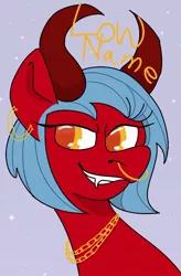 Size: 628x955 | Tagged: safe, artist:lowname, derpibooru import, oc, unofficial characters only, demon, demon pony, original species, bust, ear piercing, earring, eyelashes, grin, horns, jewelry, necklace, nose piercing, nose ring, piercing, simple background, smiling, solo