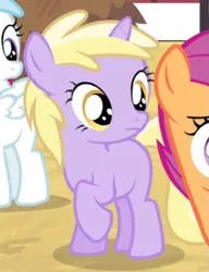 Size: 531x692 | Tagged: safe, derpibooru import, screencap, cotton cloudy, dinky hooves, scootaloo, pegasus, pony, unicorn, simple ways, :o, appalled, dinkyshock, female, filly, frown, o, o mouth, offscreen character, open mouth, raised hoof, shocked, solo, solo focus
