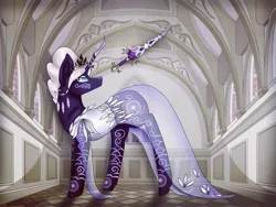 Size: 1080x810 | Tagged: safe, artist:rxndxm.artist, derpibooru import, oc, oc:iris, unofficial characters only, pony, unicorn, clothes, dress, female, horn, indoors, looking back, magic, mare, see-through, solo, tattoo, telekinesis, unicorn oc