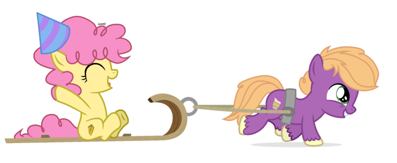 Size: 2450x1007 | Tagged: safe, alternate version, artist:akiraau, derpibooru import, li'l cheese, little mac, earth pony, pony, best gift ever, the last problem, colt, commission, cute, duo, eyes closed, female, filly, grin, happy, hat, junior mac n cheese, li'l cuteese, male, open mouth, party hat, pulling, raised hoof, raised leg, simple background, sitting, sled, sleigh, smiling, transparent background, unshorn fetlocks, vector, ych result