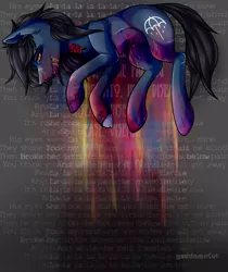 Size: 1725x2054 | Tagged: semi-grimdark, alternate version, artist:goddamncat, derpibooru import, oc, ponified, ponified:oliver sykes, earth pony, pony, undead, zombie, zombie pony, blood, blood stains, bloodshot eyes, bone, calm, colored blood, commission, dead, fangs, glasgow smile, injured, lying down, male, rainbow blood, sad, scar, side, solo, song reference, stallion, stitches, tattoo, text, torn ear, ych result