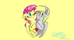 Size: 765x422 | Tagged: artist:@cameron, artist:fluffyxai, close together, cute, derpibooru import, derpy hooves, derpyshy, edit, female, fluttershy, heart, holding hooves, lesbian, looking at each other, omniships, safe, shipping, spread wings, squishy cheeks, trace, wings