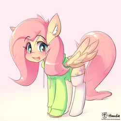 Size: 2222x2222 | Tagged: safe, artist:apony, derpibooru import, fluttershy, pegasus, pony, blushing, clothes, cute, daaaaaaaaaaaw, ear fluff, female, high res, hoodie, mare, open mouth, shyabetes, smiling, socks, solo, stockings, stray strand, sweater, sweatershy, thigh highs