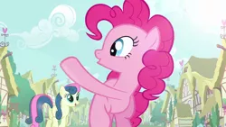 Size: 1280x720 | Tagged: safe, derpibooru import, screencap, bon bon, pinkie pie, sweetie drops, earth pony, pony, a friend in deed, :o, adorabon, amused, background pony, bon bon is amused, butt, candy, cute, cutie mark, diapinkes, eyes closed, female, food, mare, o, o mouth, open mouth, plot, ponyville, smile song, smiling, trotting, waving