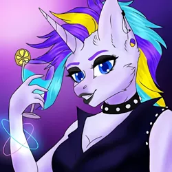 Size: 450x450 | Tagged: artist needed, source needed, safe, derpibooru import, rarity, anthro, unicorn, alternate hairstyle, bracelet, bust, choker, clothes, cocktail glass, ear piercing, eyelashes, female, glowstick, jewelry, lipstick, makeup, piercing, punk, raripunk, smiling, solo, spiked choker