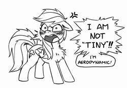 Size: 1146x792 | Tagged: safe, artist:bunchedupletters, derpibooru import, fifteen.ai, rainbow dash, pegasus, pony, angry, animated, artificial intelligence, ashleigh ball, blatant lies, blushing, chest fluff, comic dub, cross-popping veins, cute, dashabetes, female, looking at you, madorable, mare, monochrome, simple background, small, smol, smoldash, solo, sound, speech bubble, text, unkempt mane, voice acting, webm, yelling