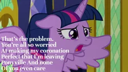 Size: 1920x1080 | Tagged: safe, derpibooru import, edit, edited screencap, editor:quoterific, screencap, twilight sparkle, twilight sparkle (alicorn), alicorn, pony, the last problem, caption, crying, open mouth, solo, text, worried