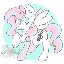 Size: 1000x1000 | Tagged: safe, artist:kevinsmol, deleted from derpibooru, derpibooru import, oc, oc:horizon, unofficial characters only, pegasus, pony, abstract background, ear fluff, pegasus oc, raised hoof, smiling, solo, wings