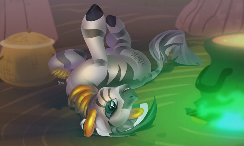 Size: 1280x768 | Tagged: safe, artist:jesusy, derpibooru import, zecora, zebra, cute, female, glow, heart eyes, horses doing horse things, image, jpeg, looking at you, lying down, mare, on back, signature, smiling, solo, wingding eyes, zebras doing zebra things, zecora's hut, zecorable