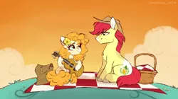 Size: 1920x1078 | Tagged: safe, artist:moshiitomo, derpibooru import, bright mac, pear butter, earth pony, pony, the perfect pear, basket, brightbutter, chest fluff, cute, ear fluff, female, guitar, looking at each other, male, mare, musical instrument, picnic basket, picnic blanket, profile, scene interpretation, shipping, sitting, smiling, stallion, straight, you're in my head like a catchy song