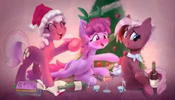 Size: 4006x2290 | Tagged: safe, artist:xbi, derpibooru import, berry punch, berryshine, cheerilee, jasmine leaf, earth pony, pony, alcohol, bottle, christmas, christmas tree, commission, cup, drinking, food, glass, hiding, holiday, money, smiling, tea, tree, wine