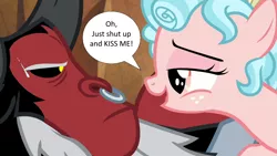 Size: 1280x720 | Tagged: suggestive, derpibooru import, edit, edited screencap, screencap, cozy glow, lord tirek, centaur, pegasus, pony, frenemies (episode), age difference, bedroom eyes, cozirek, female, flirting, image, implied foalcon, interspecies, male, png, shipping, shut up and kiss me, speech bubble, straight, sweat, underage