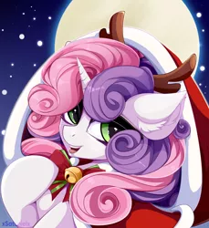 Size: 4712x5150 | Tagged: safe, artist:xsatanielx, derpibooru import, sweetie belle, unicorn, antlers, bell, bow, christmas, cute, diasweetes, ear fluff, female, full moon, holiday, moon, night, open mouth, reindeer antlers, solo, tongue out