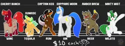 Size: 4680x1714 | Tagged: safe, artist:candyfossils, derpibooru import, oc, oc:amber brew, oc:captain keg, oc:cherry bunch, oc:minty mist, oc:sapphire moon, oc:sunrise, ponified, boar, drink pony, earth pony, food pony, original species, pony, adoptable, agave, alcohol, amputee, beer, blushing, booze, drink, drunk, food, gin, lime, looking at you, mojito, multiple characters, pirate, prosthetic limb, prosthetics, rum, tentacles, tequila, wine