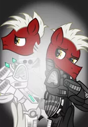 Size: 7652x11053 | Tagged: safe, artist:lincolnbrewsterfan, derpibooru import, oc, oc:lighthooves, unofficial characters only, cyber pony, cyborg, earth pony, pony, fallout equestria, fallout equestria: project horizons, .svg available, 2021, absurd resolution, artificial wings, augmented, bedroom eyes, black, bright, dark, darkness, dart, dart launcher, disappointed, duality, duo, duo focus, earth pony oc, fanfic art, glow, level 4.5 (dark model) (project horizons), level 4.5 (light model) (project horizons), lidded eyes, light, light and dark, looking back, looking up, male, mechanical wing, metal, powered exoskeleton, preview, sad, sadness, scorpion tail, self ponidox, simple background, stallion, stallion oc, svg, taken, vector, white, wings