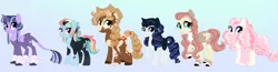 Size: 4096x1062 | Tagged: safe, artist:rainydayjitters, derpibooru import, applejack, fluttershy, pinkie pie, rainbow dash, rarity, twilight sparkle, twilight sparkle (alicorn), alicorn, earth pony, pegasus, pony, unicorn, alternate design, blue background, female, gradient background, image, mane six, mare, png, redesign, simple background, twitterina design