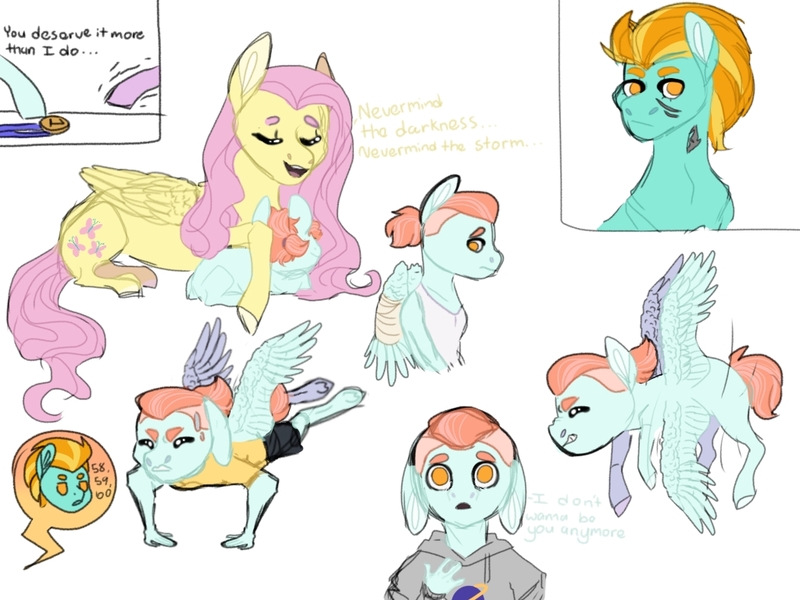 Size: 1024x768 | Tagged: safe, artist:rainydayjitters, derpibooru import, fluttershy, lightning dust, oc, oc:dapper breeze, anthro, pegasus, pony, unguligrade anthro, female, filly, flutterdust (pairing), fluttermom, flying, lesbian, lying down, magical lesbian spawn, mare, offspring, parent:fluttershy, parent:lightning dust, parents:flutterdust (pairing), prone, push-ups, shipping, simple background, singing, white background