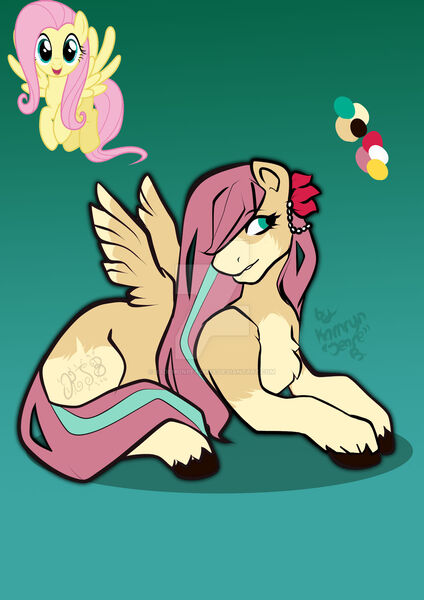 Size: 1280x1811 | Tagged: safe, artist:xxdemonpeachxx, derpibooru import, fluttershy, pegasus, pony, chest fluff, color palette, deviantart watermark, female, gradient background, lying down, mare, obtrusive watermark, prone, redesign, socks (coat marking), solo, unshorn fetlocks, watermark