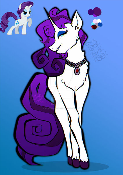 Size: 1280x1811 | Tagged: safe, artist:xxdemonpeachxx, derpibooru import, rarity, pony, unicorn, color palette, deviantart watermark, female, gradient background, jewelry, mare, necklace, obtrusive watermark, redesign, solo, unshorn fetlocks, watermark