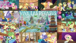 Size: 1972x1110 | Tagged: safe, derpibooru import, edit, edited screencap, editor:quoterific, screencap, applejack, flam, flim, fluttershy, gladmane, trapeze star, viva las pegasus, flim flam brothers, impossibly rich, las pegasus, microphone