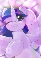 Size: 1430x2048 | Tagged: safe, artist:kurogewapony, derpibooru import, twilight sparkle, twilight sparkle (alicorn), alicorn, pony, :3, adorkable, blushing, cute, dork, female, frog (hoof), lens flare, looking at you, lying down, on back, one eye closed, smiling, smiling at you, solo, twiabetes, underhoof, wink