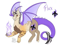 Size: 1024x768 | Tagged: safe, artist:arexstar, derpibooru import, oc, oc:flux, draconequus, hybrid, female, fire, interspecies offspring, offspring, parent:discord, parent:fluttershy, parents:discoshy, simple background, solo, white background