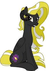 Size: 2216x3213 | Tagged: safe, artist:lightning stripe, derpibooru import, oc, oc:liliosa, unofficial characters only, original species, pony, derpibooru community collaboration, black coat, brown coat, brown eyes, commission, curved horns, cutie mark, female, grin, mare, rilacorn, show accurate, simple background, sitting, smiling, transparent background, two toned mane, vector, wings, yellow mane
