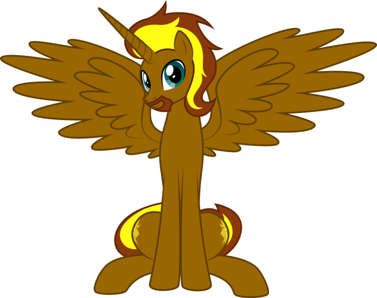 Size: 4619x3650 | Tagged: safe, artist:lightning stripe, derpibooru import, oc, oc:prince cosmic light, unofficial characters only, alicorn, pony, derpibooru community collaboration, alicorn oc, beard, blue eyes, both cutie marks, brown coat, commission, cutie mark, facial hair, horn, looking at you, male, show accurate, simple background, sitting, smiling, spread wings, stallion, transparent background, two toned mane, vector, wings, yellow mane