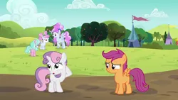 Size: 1920x1080 | Tagged: safe, derpibooru import, screencap, cotton puff, cotton sky, scootaloo, sugar stix, sweetie belle, pegasus, pony, unicorn, brotherhooves social, female, filly, mare