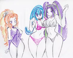 Size: 2803x2210 | Tagged: suggestive, artist:elgatosabio, derpibooru import, adagio dazzle, aria blaze, sonata dusk, equestria girls, bikini, breast envy, breasts, busty aria blaze, busty sonata dusk, clothes, delicious flat chest, female, flatdagio dazzle, high res, partial color, short, small breasts, swimsuit, the dazzlings, traditional art, trio, trio female