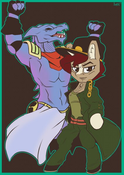 Size: 2896x4096 | Tagged: safe, artist:avery-valentine, derpibooru import, pony, unicorn, jojo's bizarre adventure, jotaro kujo, stand, star platinum