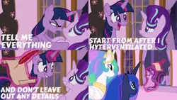 Size: 2000x1125 | Tagged: alicorn, a royal problem, derpibooru import, edit, edited screencap, editor:quoterific, princess celestia, princess luna, quill, safe, screencap, scroll, starlight glimmer, twilight sparkle, twilight sparkle (alicorn)