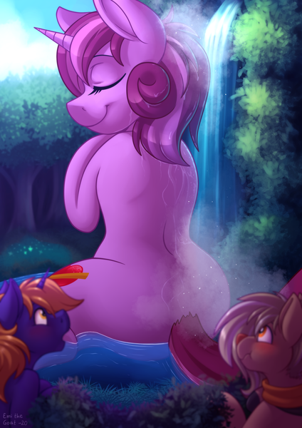 Size: 2480x3508 | Tagged: safe, artist:sugaryviolet, derpibooru import, part of a set, oc, oc:habile, oc:star bright, oc:sugary violet, unofficial characters only, deer, pony, reindeer, unicorn, bathing, cutie mark, eyes closed, forest, giant pony, high res, macro, open mouth, part of a series, size difference, smiling, tree, waterfall, wet