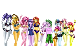 Size: 5000x3010 | Tagged: safe, alternate version, artist:mauroz, derpibooru import, apple bloom, applejack, fluttershy, pinkie pie, rainbow dash, rarity, sci-twi, scootaloo, spike, sunset shimmer, sweetie belle, twilight sparkle, human, equestria girls, absurd file size, anime, belly button, bikini, breasts, busty applejack, busty fluttershy, busty pinkie pie, busty rarity, busty sunset shimmer, busty twilight sparkle, cleavage, clothes, cutie mark crusaders, dress, female, group, human spike, humane five, humane seven, humane six, humanized, male, midriff, one-piece swimsuit, open-back swimsuit, shipping, simple background, spikebelle, straight, striped swimsuit, suit, swimsuit, transparent background