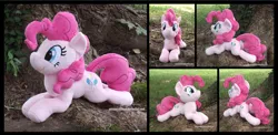 Size: 3607x1754 | Tagged: safe, artist:peruserofpieces, derpibooru import, pinkie pie, earth pony, pony, beanie (plushie), female, lying down, mare, plushie, prone, smiling, smiling at you, solo, tree