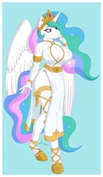 Size: 2100x3600 | Tagged: absolute cleavage, alicorn, anthro, artist:lumino010, breasts, busty princess celestia, cleavage, cleavage window, clothes, crown, derpibooru import, dress, gloves, horn, jewelry, long gloves, princess celestia, regalia, safe, sexy, side slit, solo, tiara, unguligrade anthro, wings