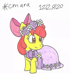 Size: 766x811 | Tagged: safe, artist:cmara, derpibooru import, apple bloom, earth pony, pony, apple bloom's bow, bow, clothes, dress, female, filly, floral head wreath, flower, flower filly, flower girl, flower girl dress, hair bow, simple background, solo, traditional art, white background