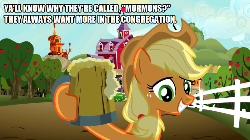 Size: 889x500 | Tagged: safe, artist:thor-disciple, derpibooru import, edit, edited screencap, screencap, applejack, earth pony, pony, the super speedy cider squeezy 6000, christianity, cider, cider mug, mormons, mug, religion, solo, sweet apple acres