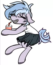 Size: 527x644 | Tagged: safe, artist:pinkberry, artist:xrei, derpibooru import, oc, oc:winter azure, unofficial characters only, earth pony, pony, braces, clothes, collaboration, colored, colt, crossdressing, cup, drink, eyes closed, femboy, freckles, girly, image, male, png, shirt, simple background, skirt, smiling, trap, white background